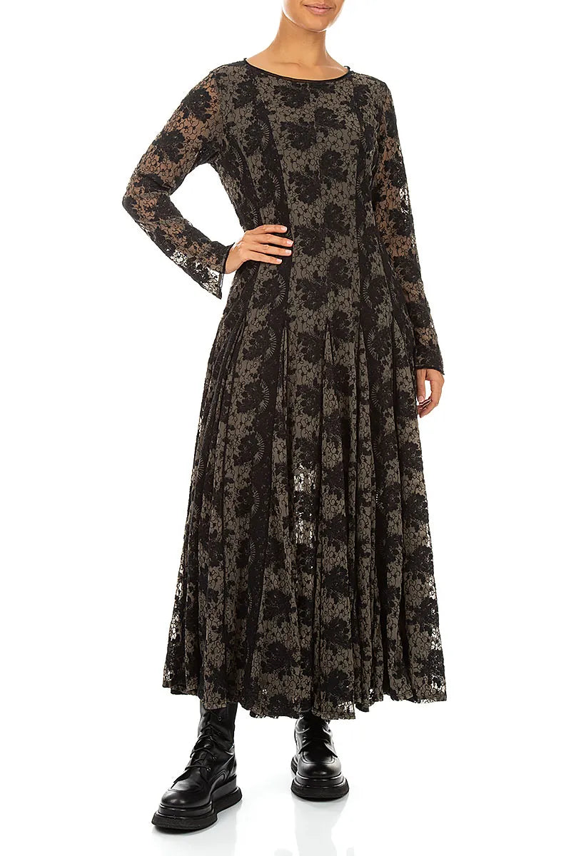 Flared Black Floral Cotton Lace Dress 4
