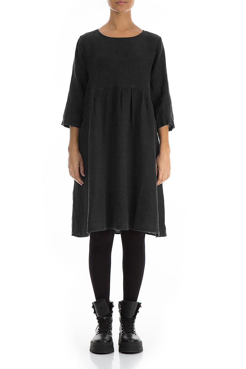 Flared Black Mélange Linen Midi Dress 1