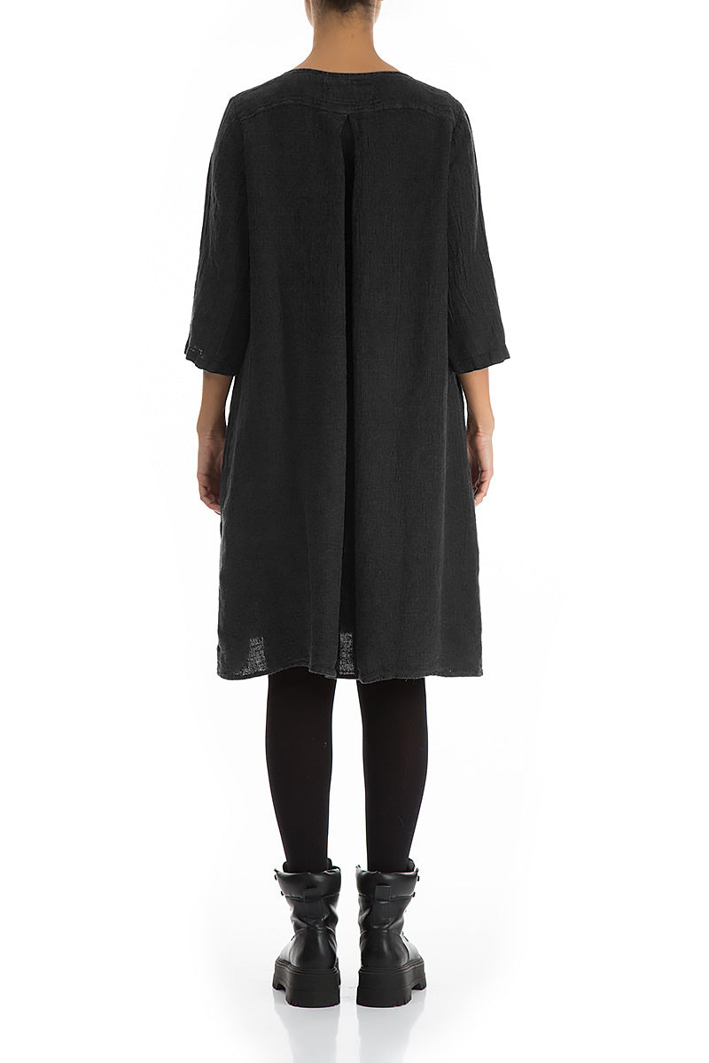 Flared Black Mélange Linen Midi Dress 2