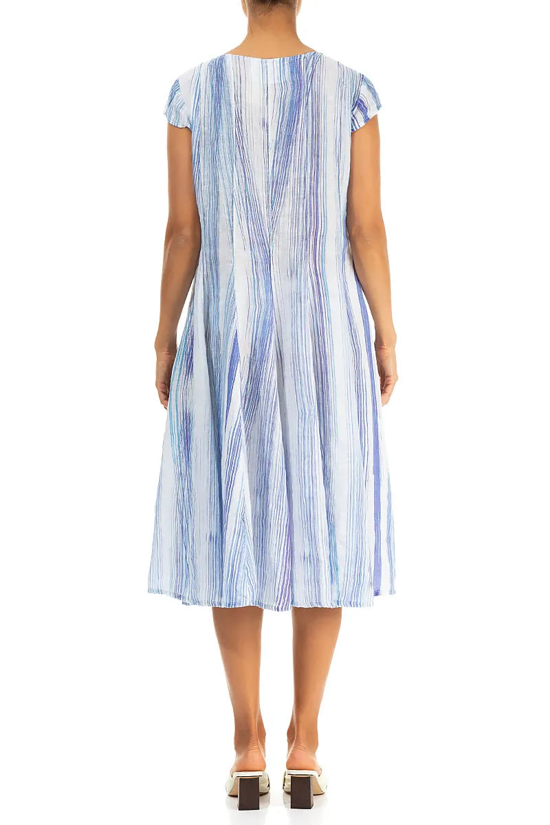 Flared Blue Wash Stripe Linen Dress