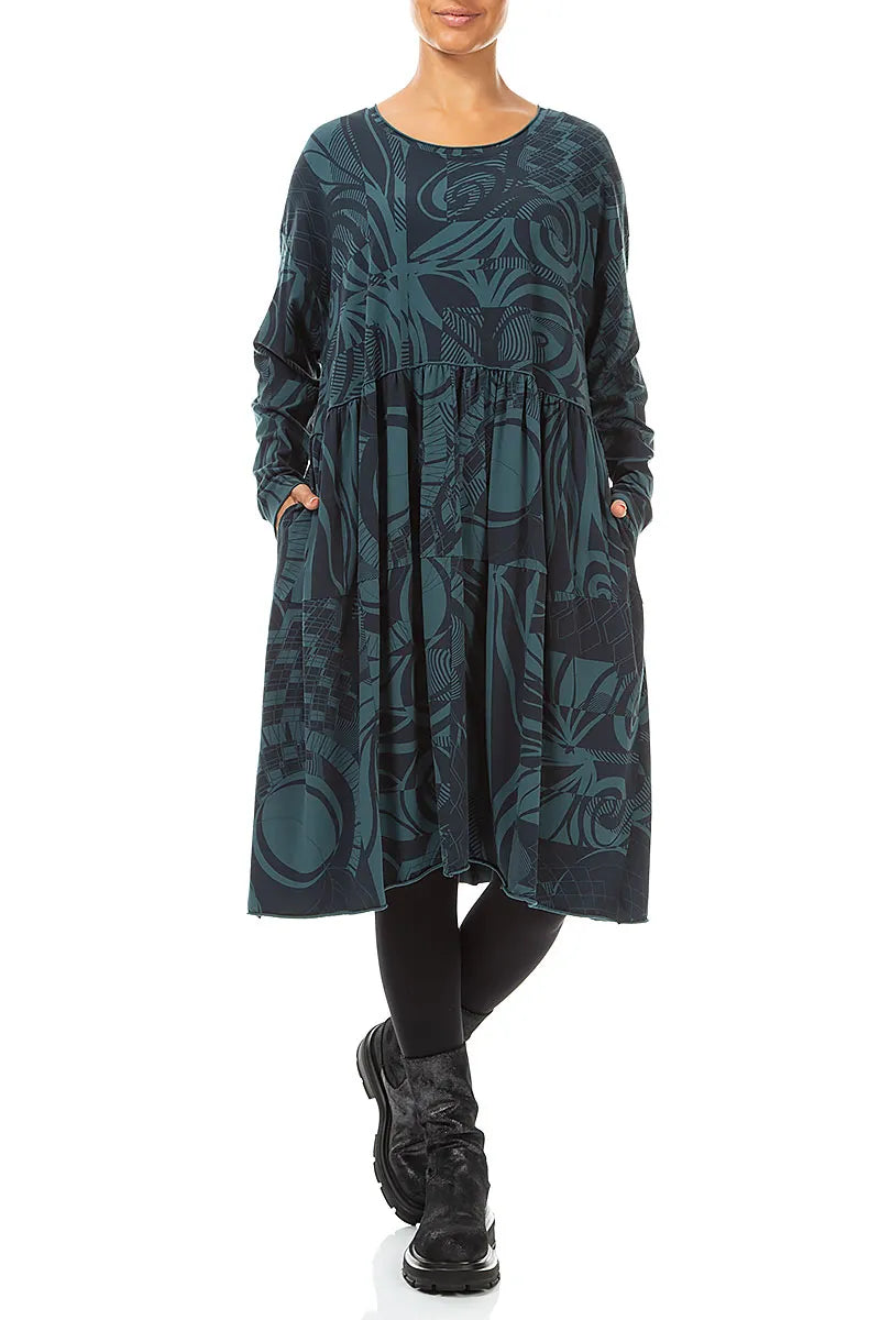 Flared Boxy Deep Turquoise Orbit Cotton Dress