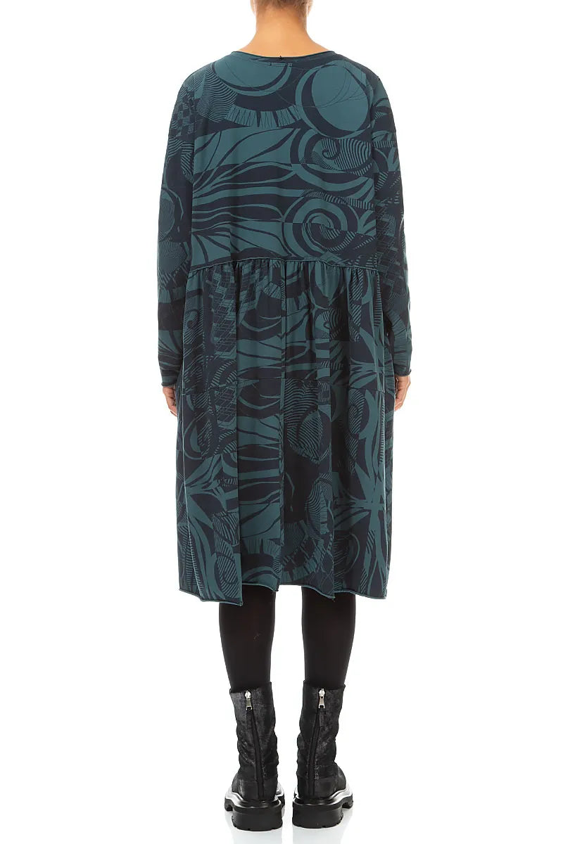 Flared Boxy Deep Turquoise Orbit Cotton Dress