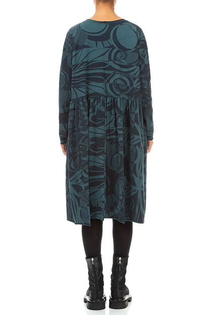 Flared Boxy Deep Turquoise Orbit Cotton Dress