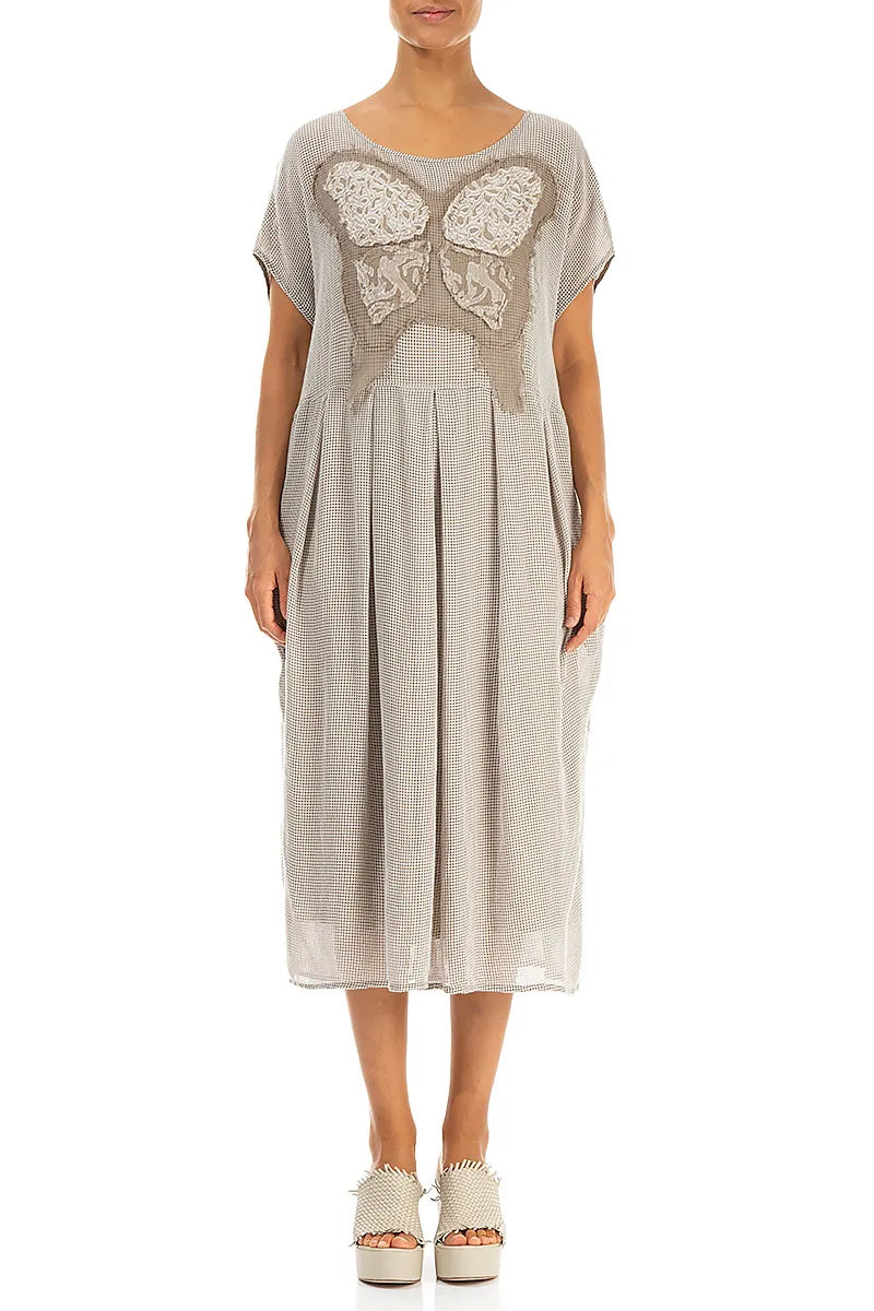Flared Butterfly Beige Mesh Silk Dress
