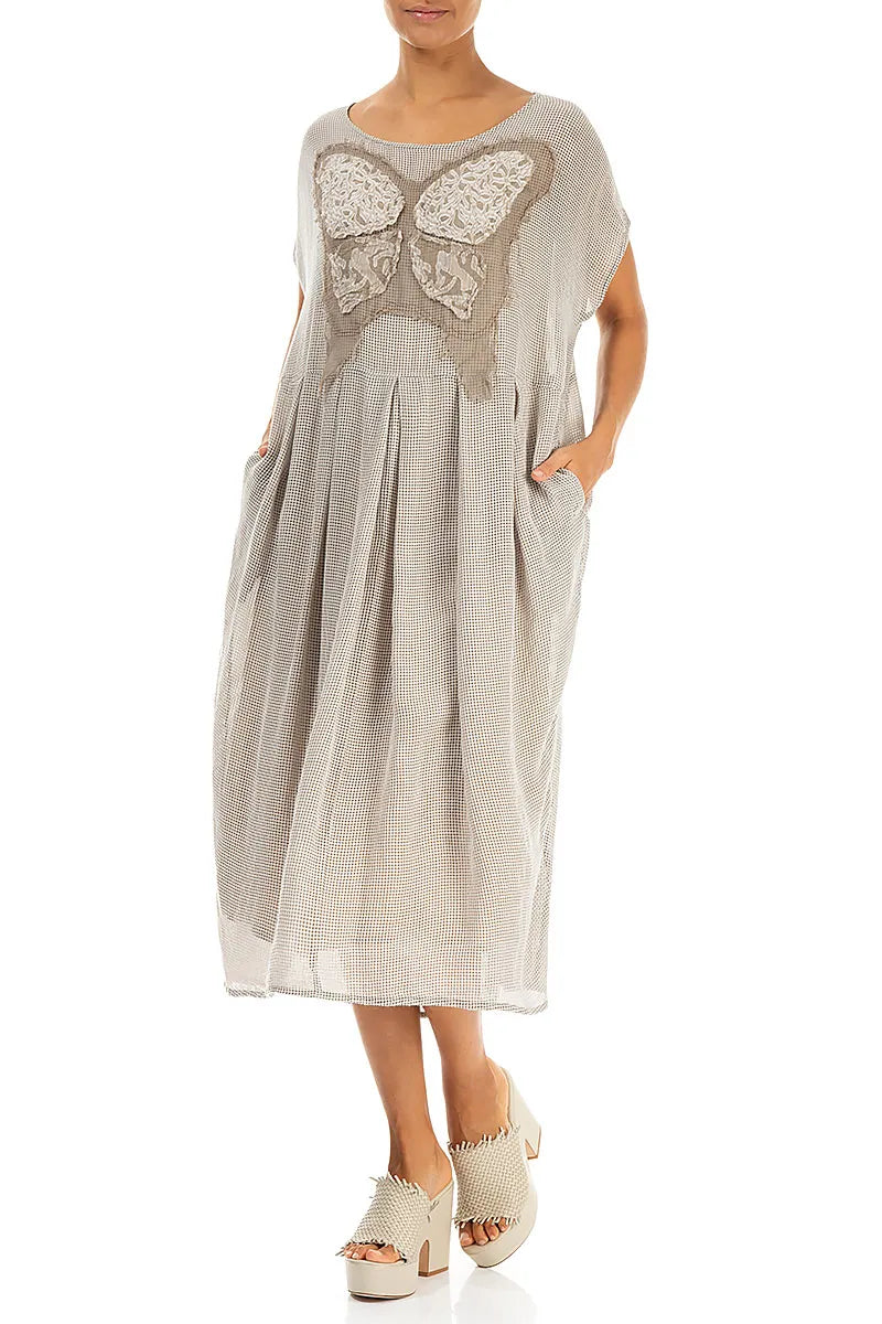Flared Butterfly Beige Mesh Silk Dress 4