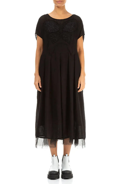 Flared Butterfly Black Mesh Silk Dress 1