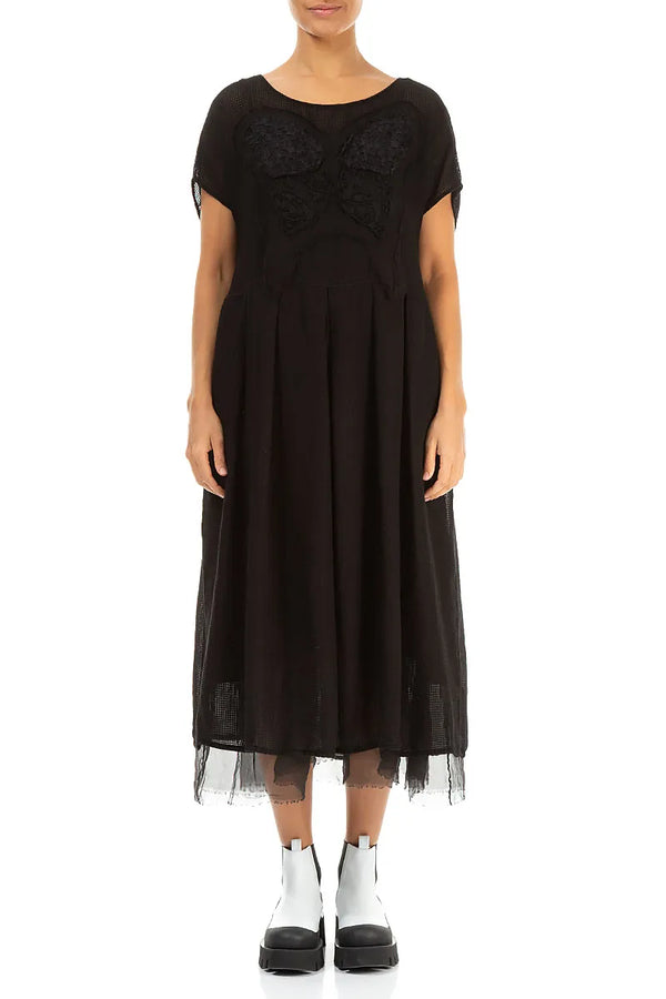 Flared Butterfly Black Mesh Silk Dress 1
