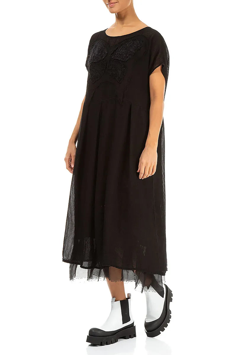Flared Butterfly Black Mesh Silk Dress 3