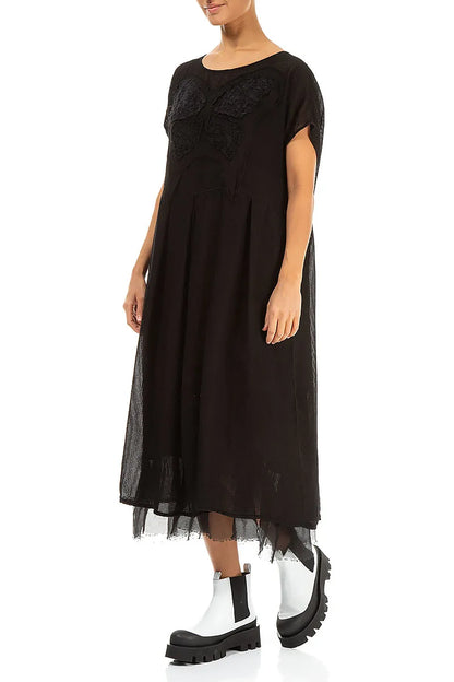 Flared Butterfly Black Mesh Silk Dress 3