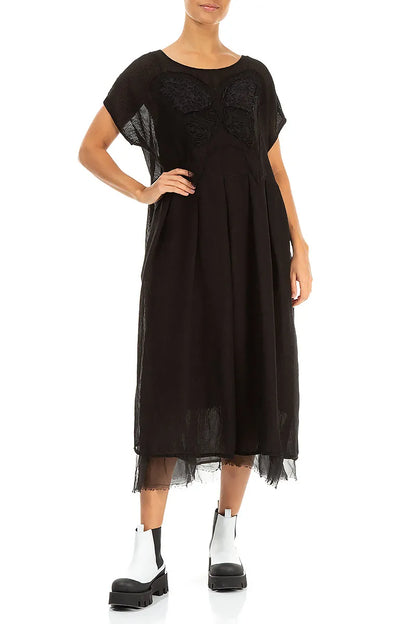Flared Butterfly Black Mesh Silk Dress 4