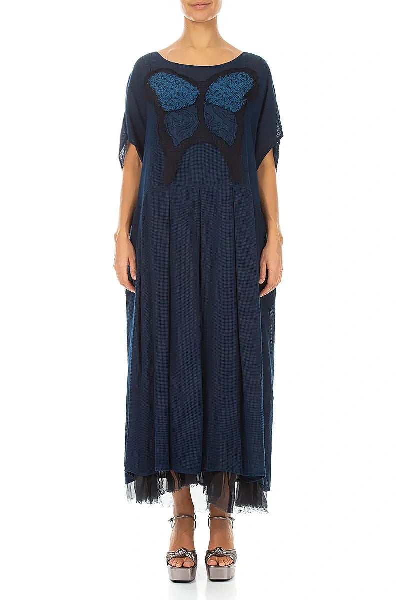 Flared Butterfly Navy Mesh Silk Dress