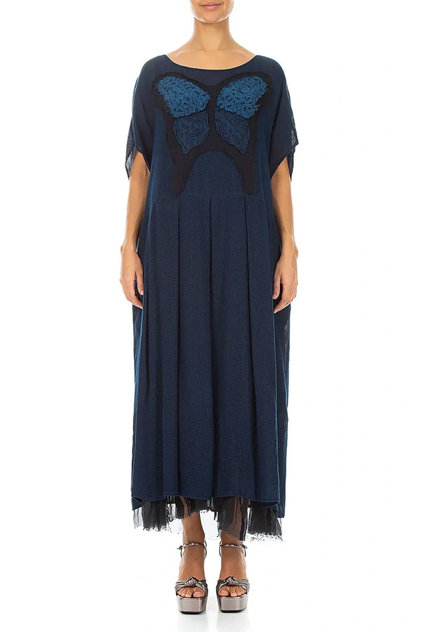 Flared Butterfly Navy Mesh Silk Dress 1
