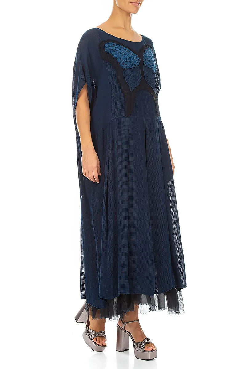 Flared Butterfly Navy Mesh Silk Dress 3