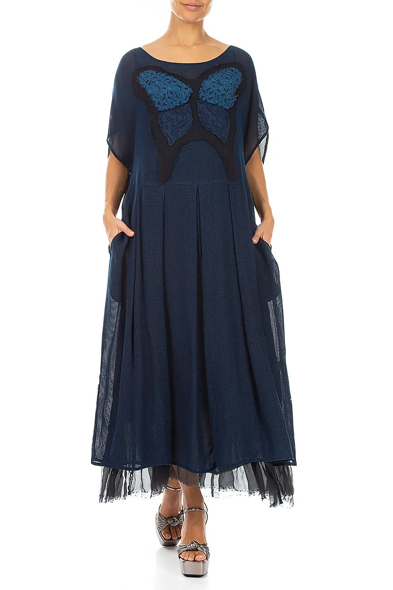 Flared Butterfly Navy Mesh Silk Dress 4
