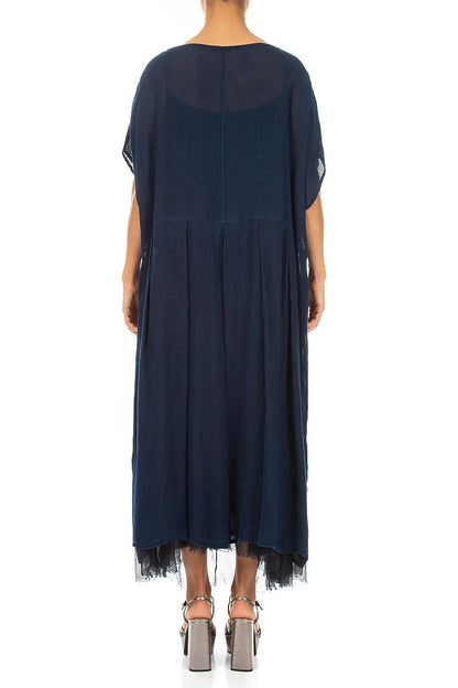 Flared Butterfly Navy Mesh Silk Dress 2