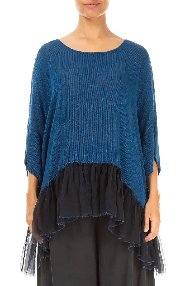 Flared Chiffon Hem Royal Blue Silk Blouse 1