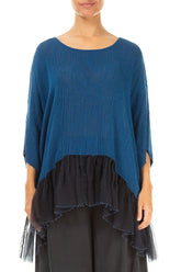 Flared Chiffon Hem Royal Blue Silk Blouse 1