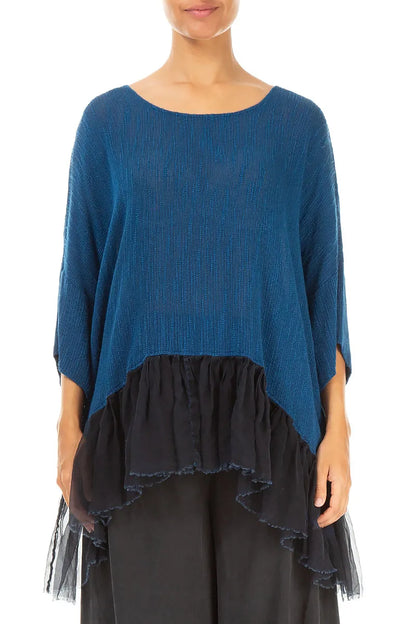 Flared Chiffon Hem Royal Blue Silk Blouse 1