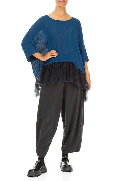 Flared Chiffon Hem Royal Blue Silk Blouse 4