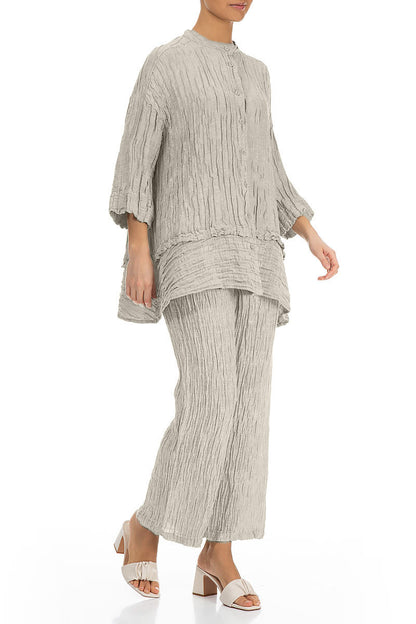 Flared Crinkled Beige Silk Shirt 4