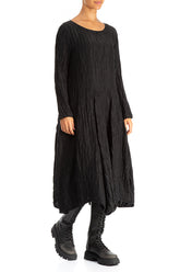 Flared Crinkled Black Silk Linen Dress 3