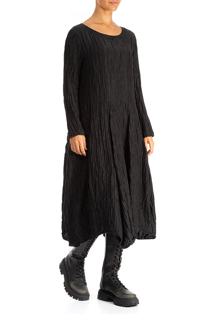 Flared Crinkled Black Silk Linen Dress 3