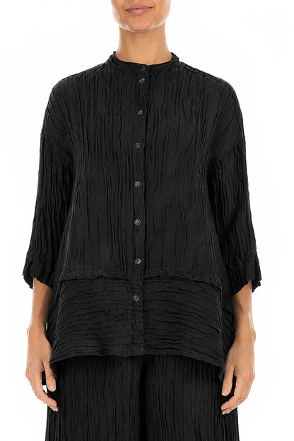 Flared Crinkled Black Silk Linen Shirt