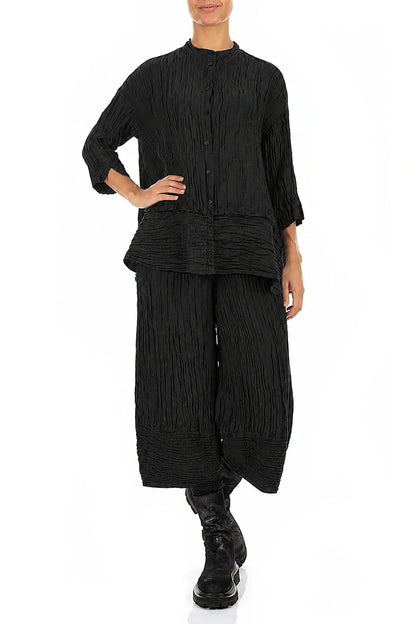 Flared Crinkled Black Silk Linen Shirt