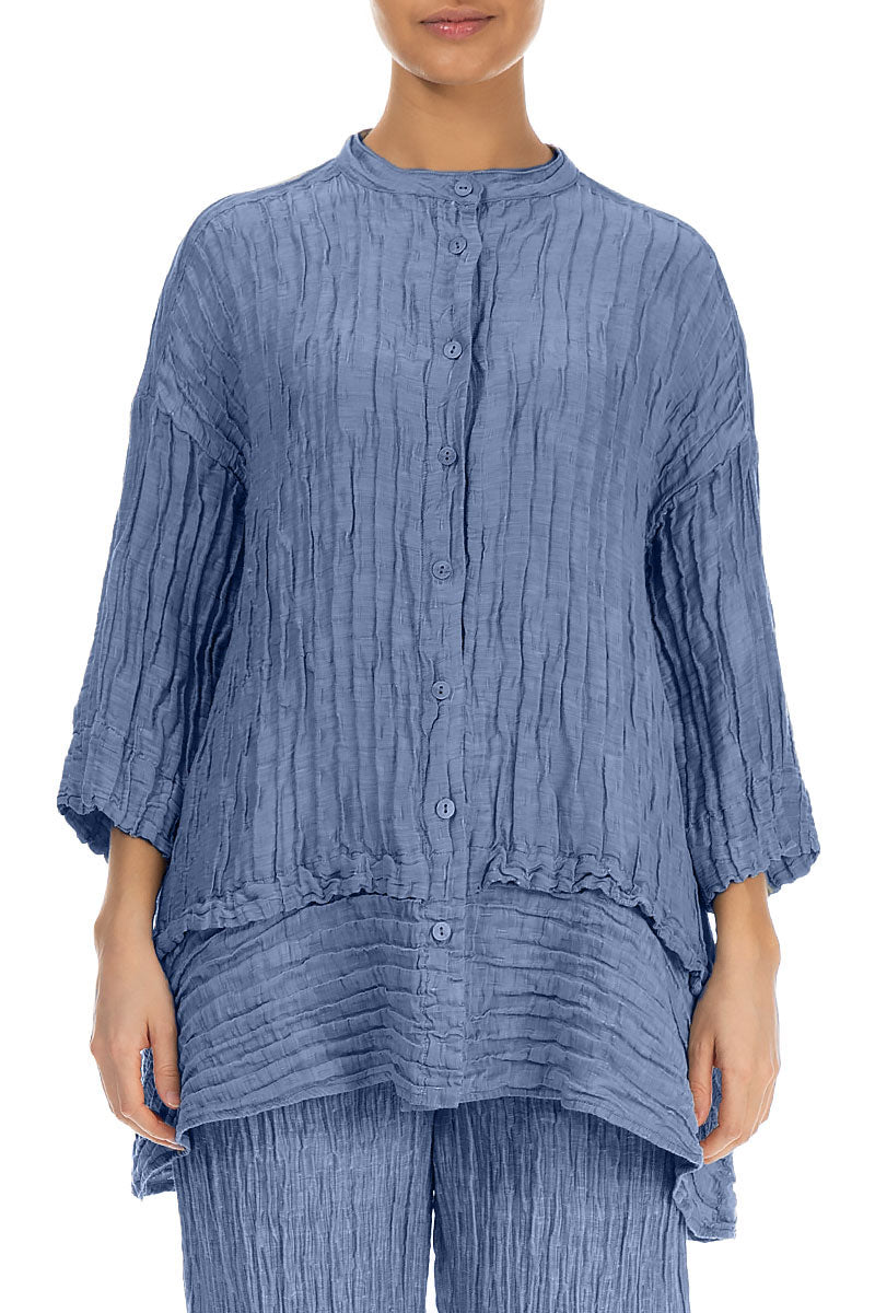 Flared Crinkled Blue Nova Silk Shirt 1
