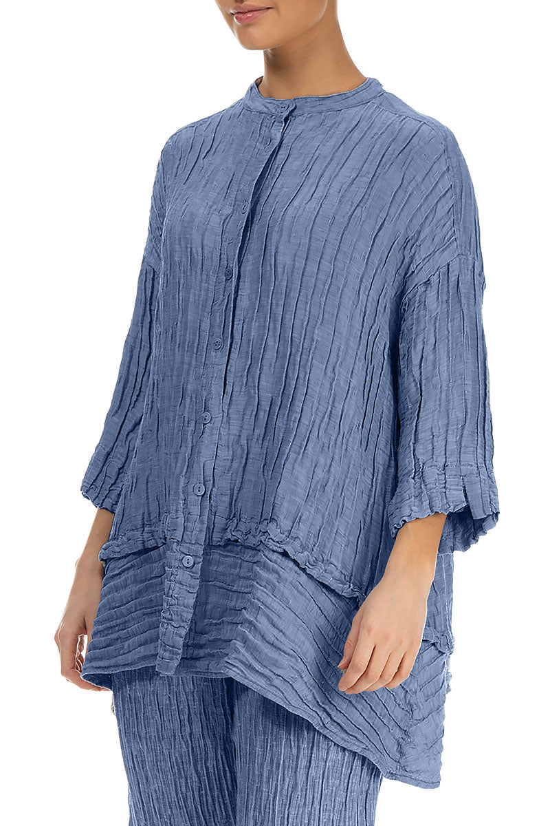 Flared Crinkled Blue Nova Silk Shirt 3