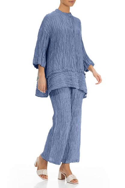 Flared Crinkled Blue Nova Silk Shirt 4