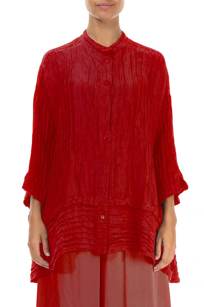Flared Crinkled Cherry Red Silk Shirt