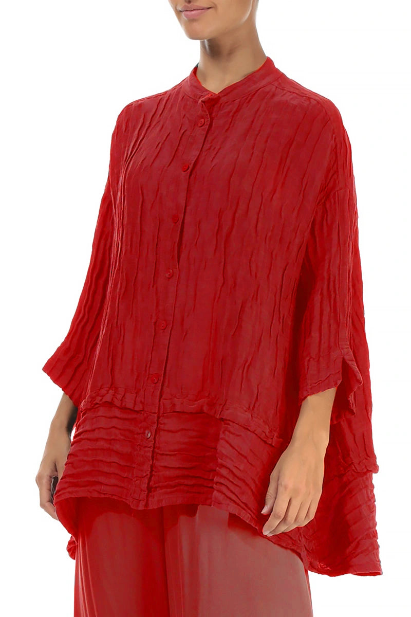 Flared Crinkled Cherry Red Silk Shirt