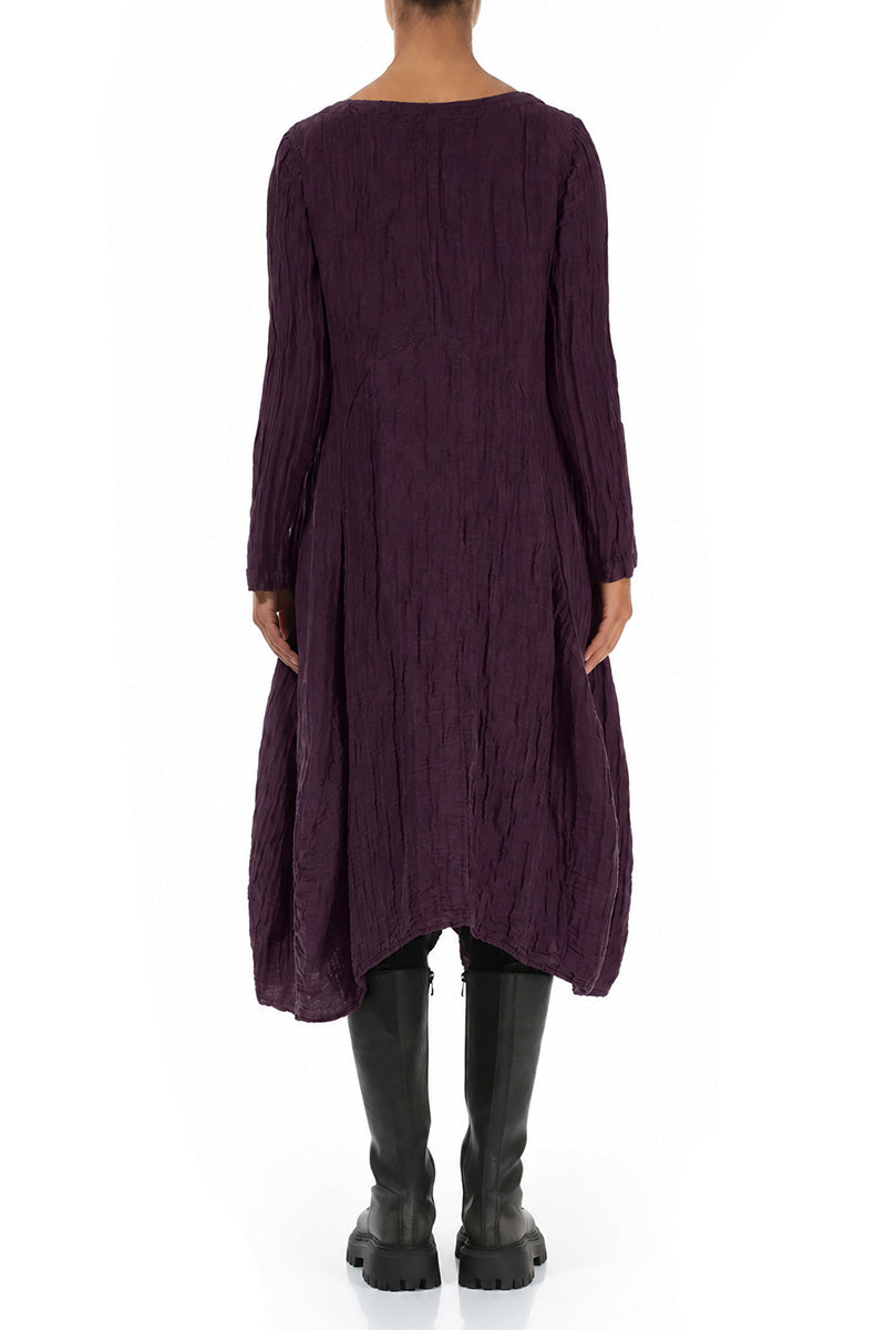 Flared Crinkled Deep Plum Silk Linen Dress 2