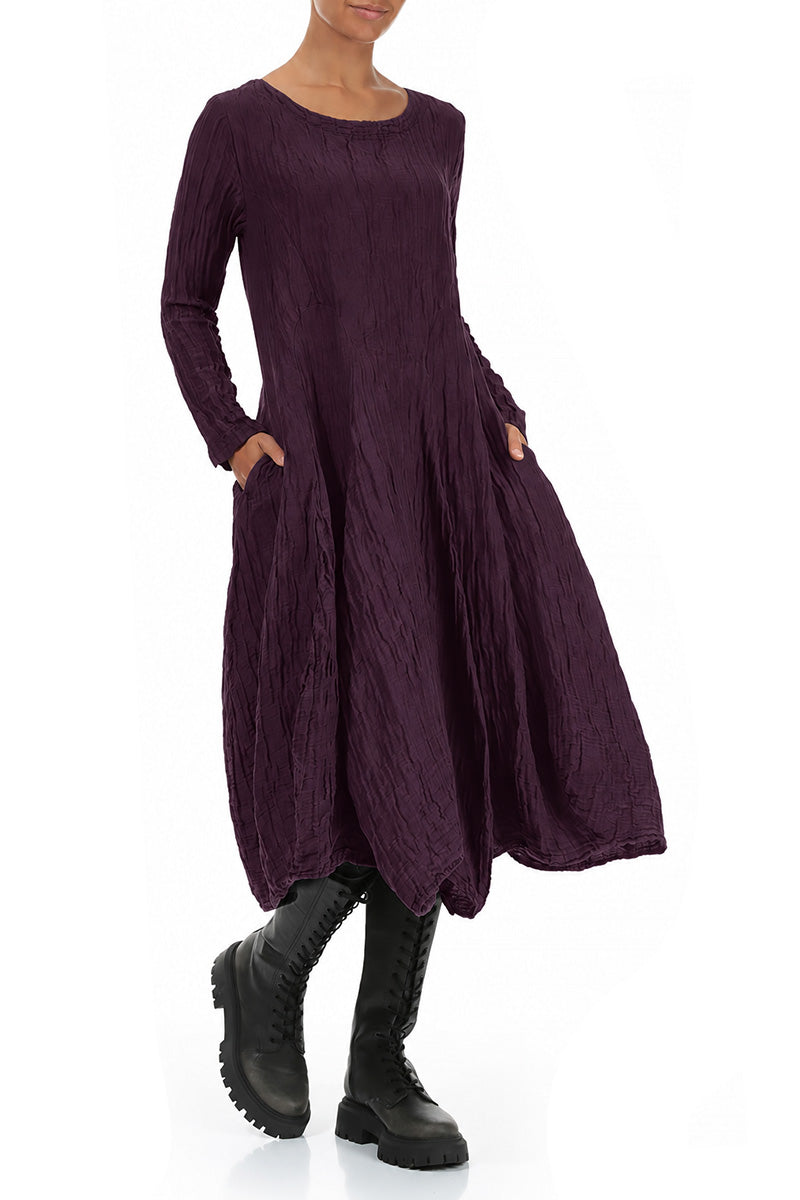 Flared Crinkled Deep Plum Silk Linen Dress 3