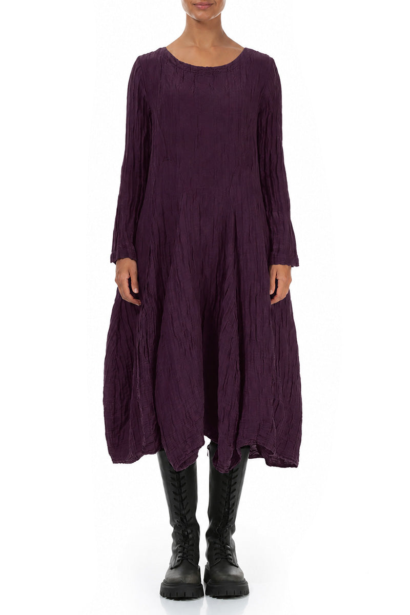 Flared Crinkled Deep Plum Silk Linen Dress