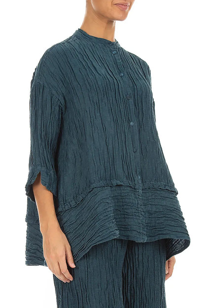 Flared Crinkled Deep Turquoise Silk Linen Shirt