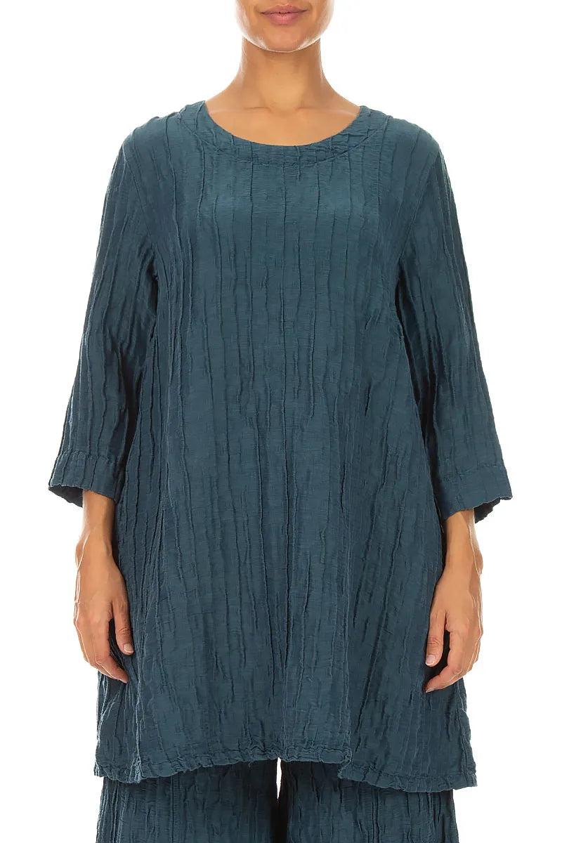 Flared Crinkled Deep Turquoise Silk Linen Tunic 1