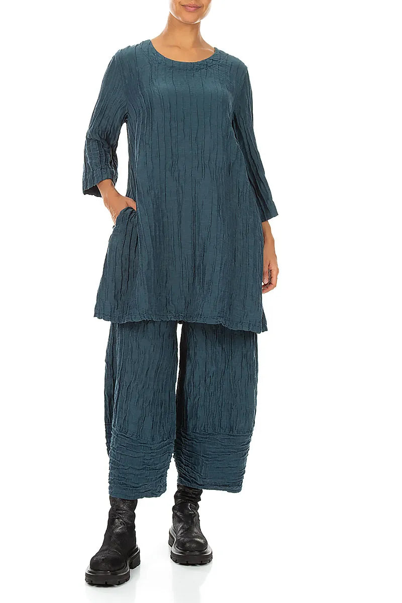 Flared Crinkled Deep Turquoise Silk Linen Tunic 4