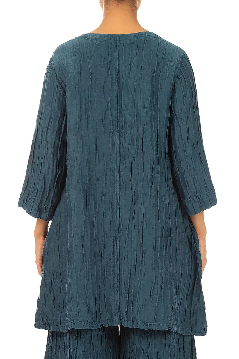 Flared Crinkled Deep Turquoise Silk Linen Tunic 2