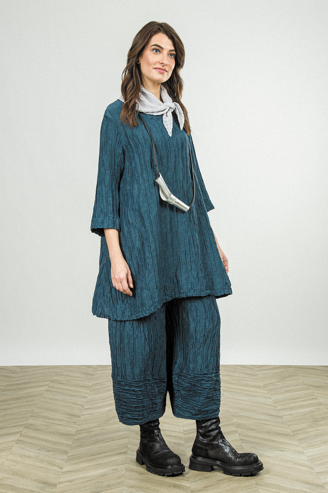 Flared Crinkled Deep Turquoise Silk Linen Tunic 1