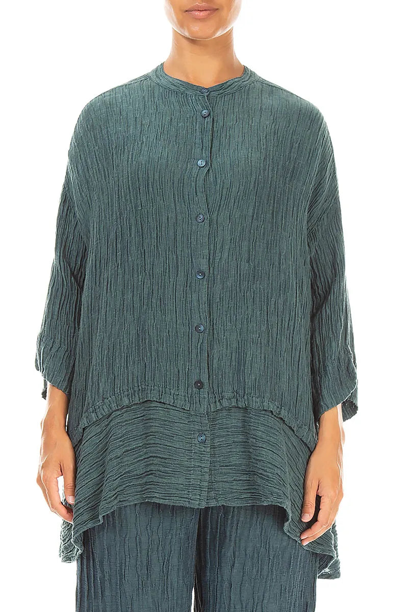 Flared Crinkled Deep Turquoise Silk Shirt