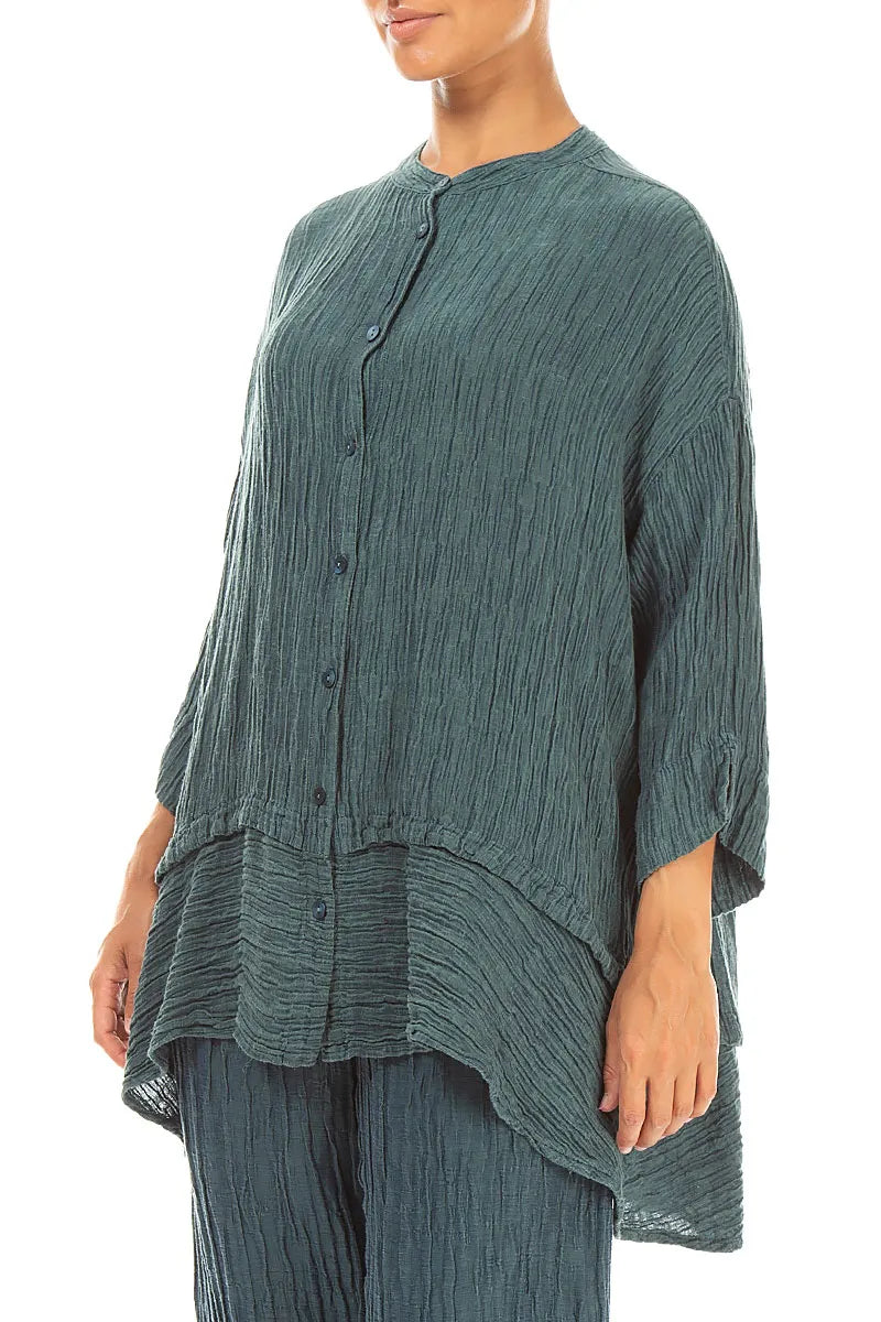 Flared Crinkled Deep Turquoise Silk Shirt 3