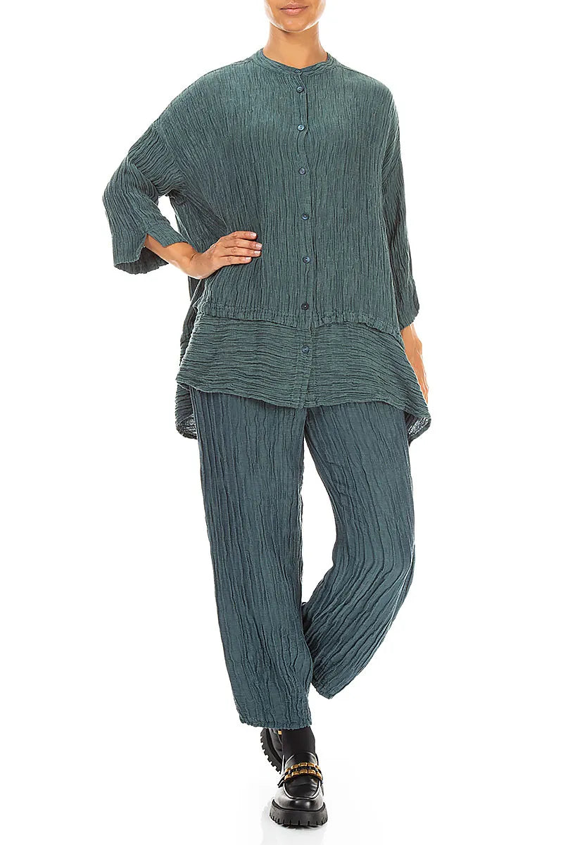 Flared Crinkled Deep Turquoise Silk Shirt 4