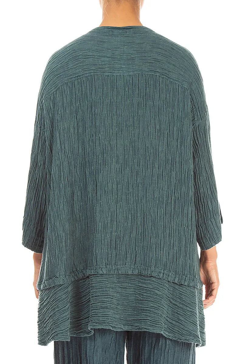 Flared Crinkled Deep Turquoise Silk Shirt