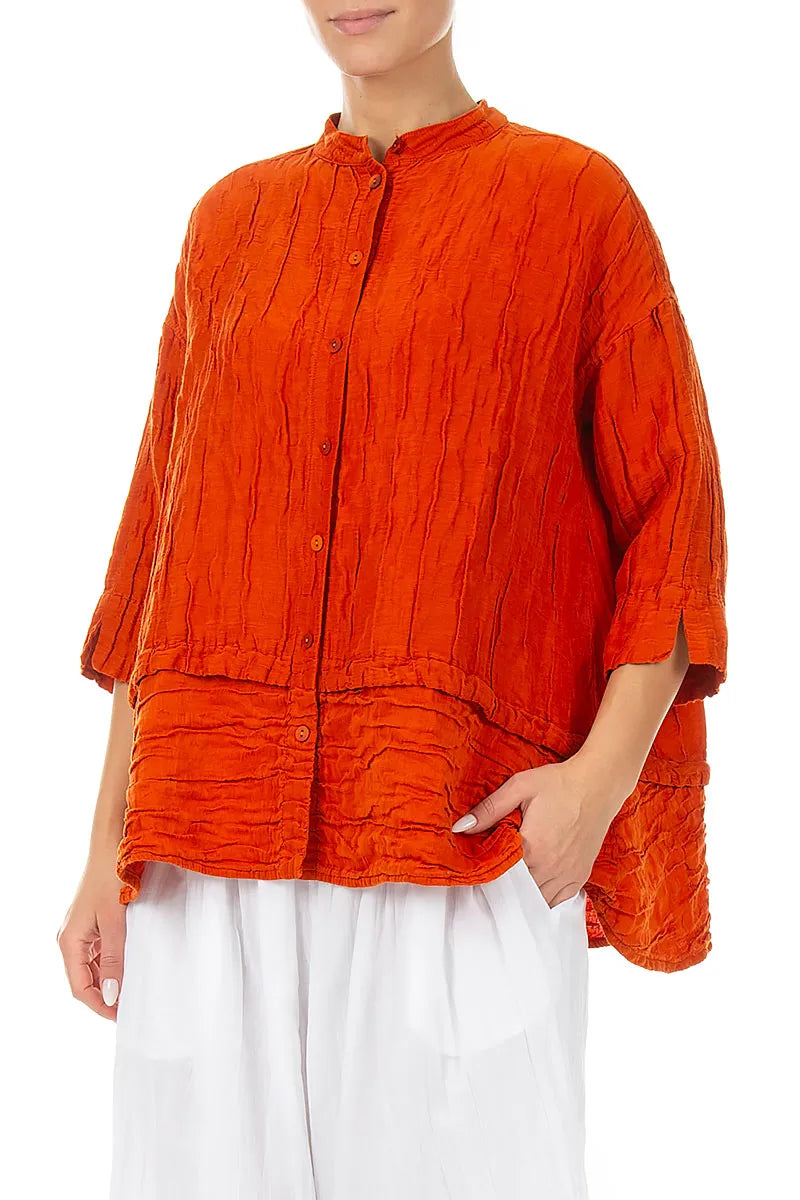 Chemisier évasé en soie froissée orange flamboyant