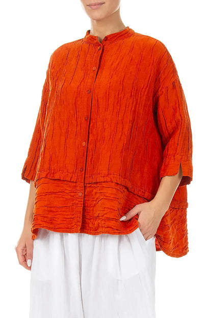Chemisier évasé en soie froissée orange flamboyant