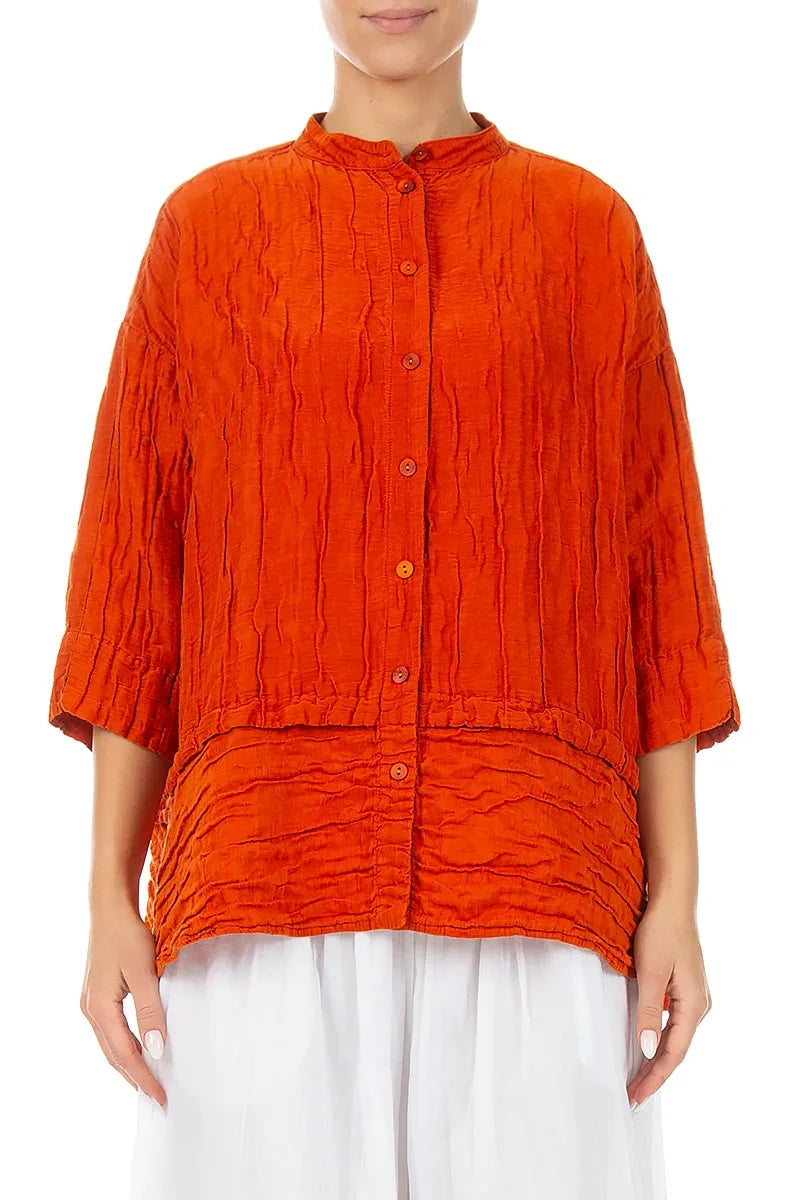 Chemisier évasé en soie froissée orange flamboyant