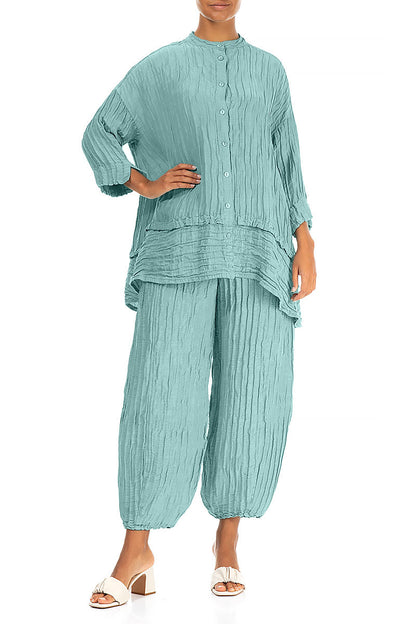 Flared Crinkled Mint Silk Shirt 4