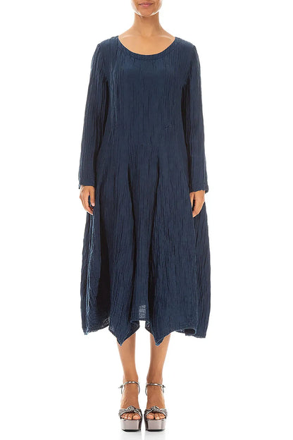 Flared Crinkled Navy Silk Linen Dress